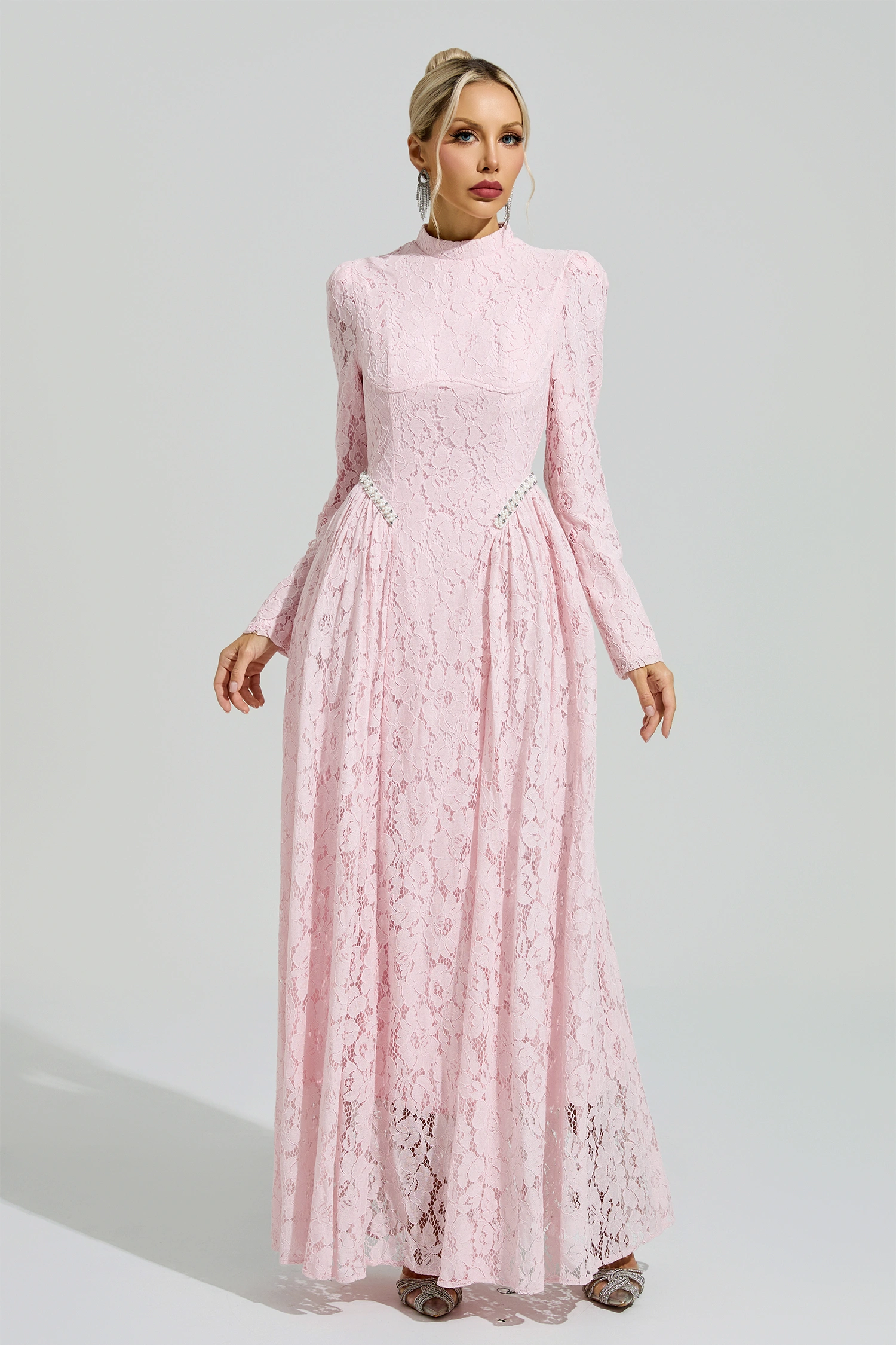 Russell Pink Lace Embroidered Maxi Dress