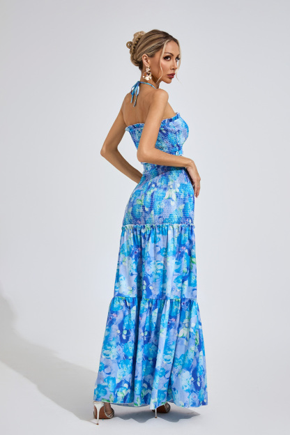 Nelson Sapphire Blue RUFFLE Halternecck Dress