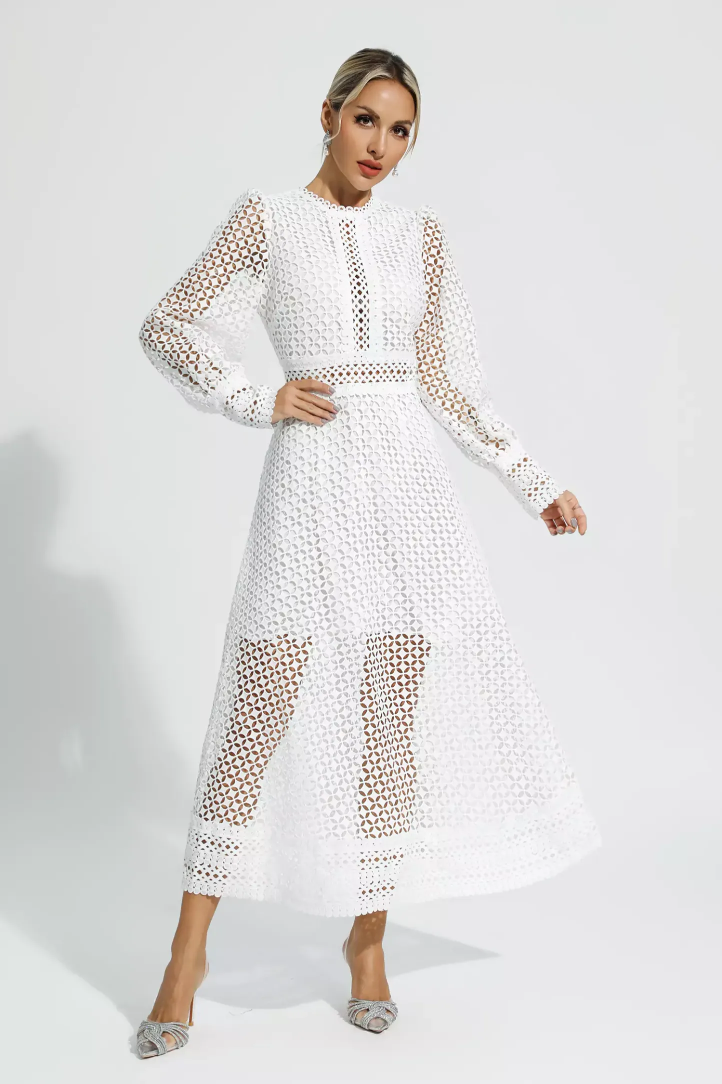 Conan White Hollow Long Sleeve Maxi Dress