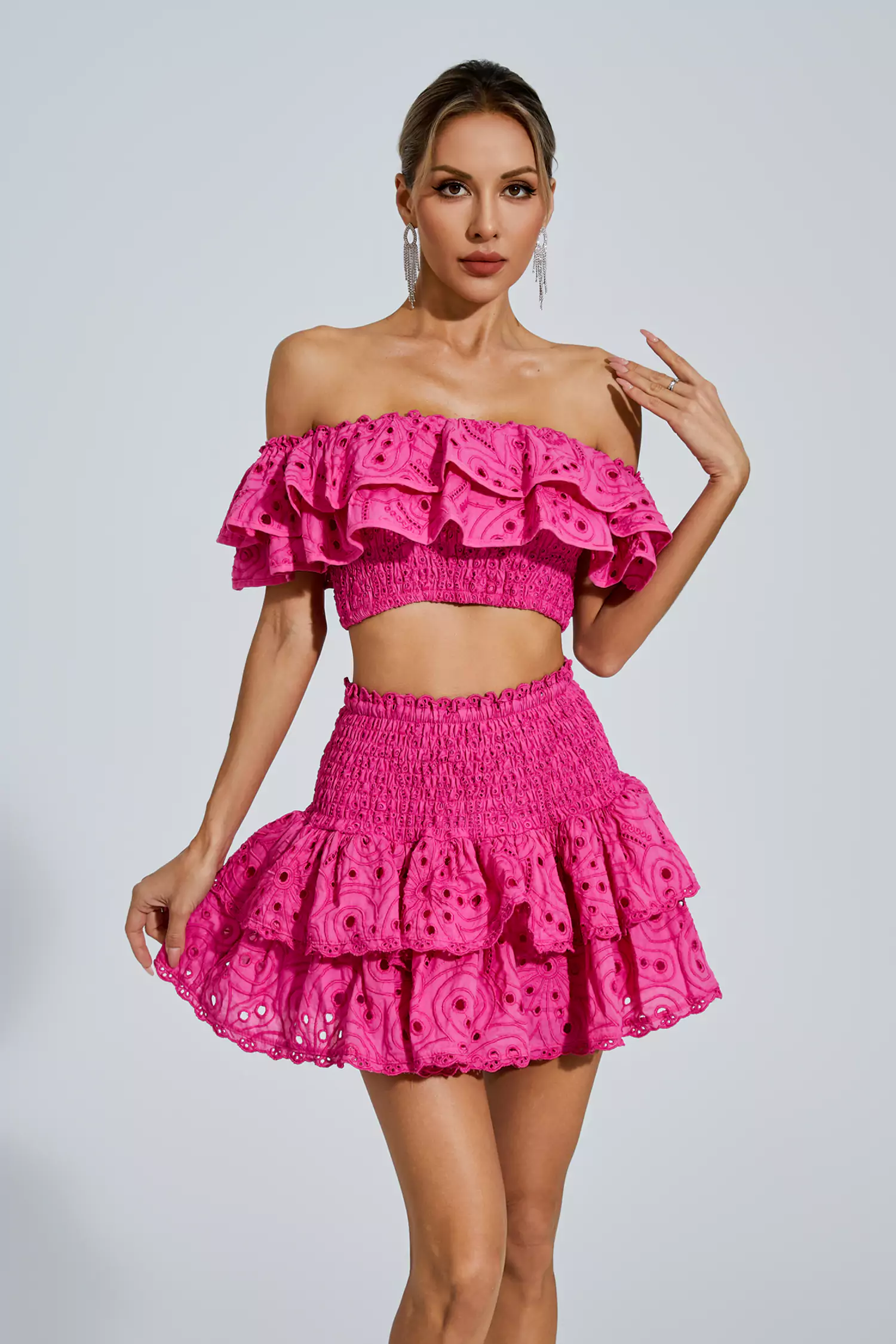 Janet Pink Floral Ruffle Off-Shoulder Set