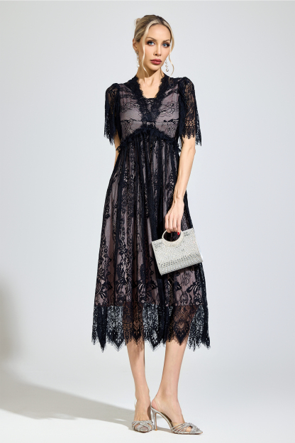 Spinoza Black Lace V-Neck Dress