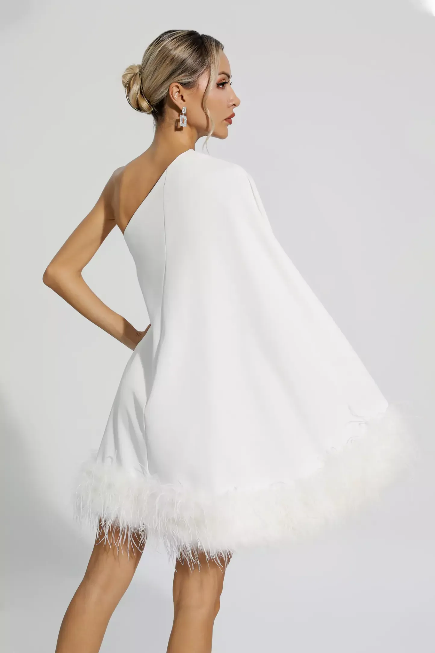 Crane White Feather Trim One Shoulder Mini Dress