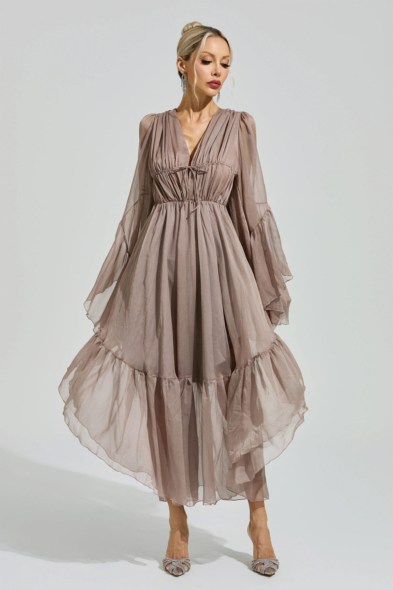 Friedan Brown Flounce Sleeve Dress