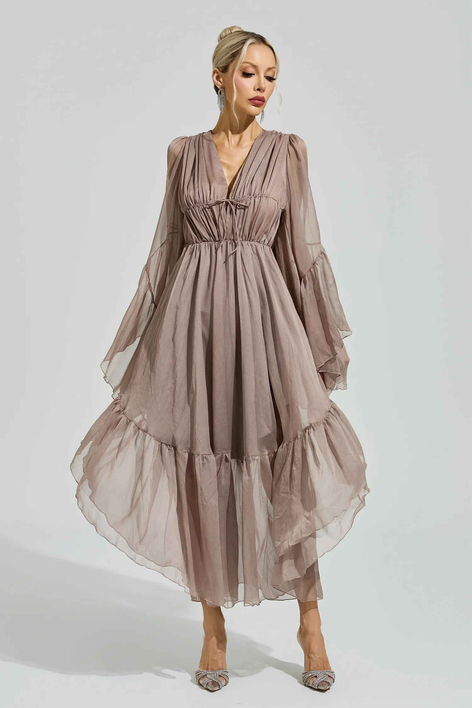 Friedan Brown Flounce Sleeve Dress