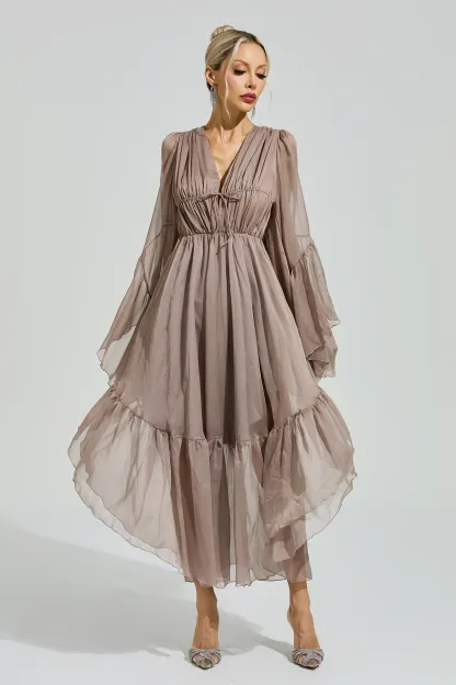 Friedan Brown Flounce Sleeve Dress