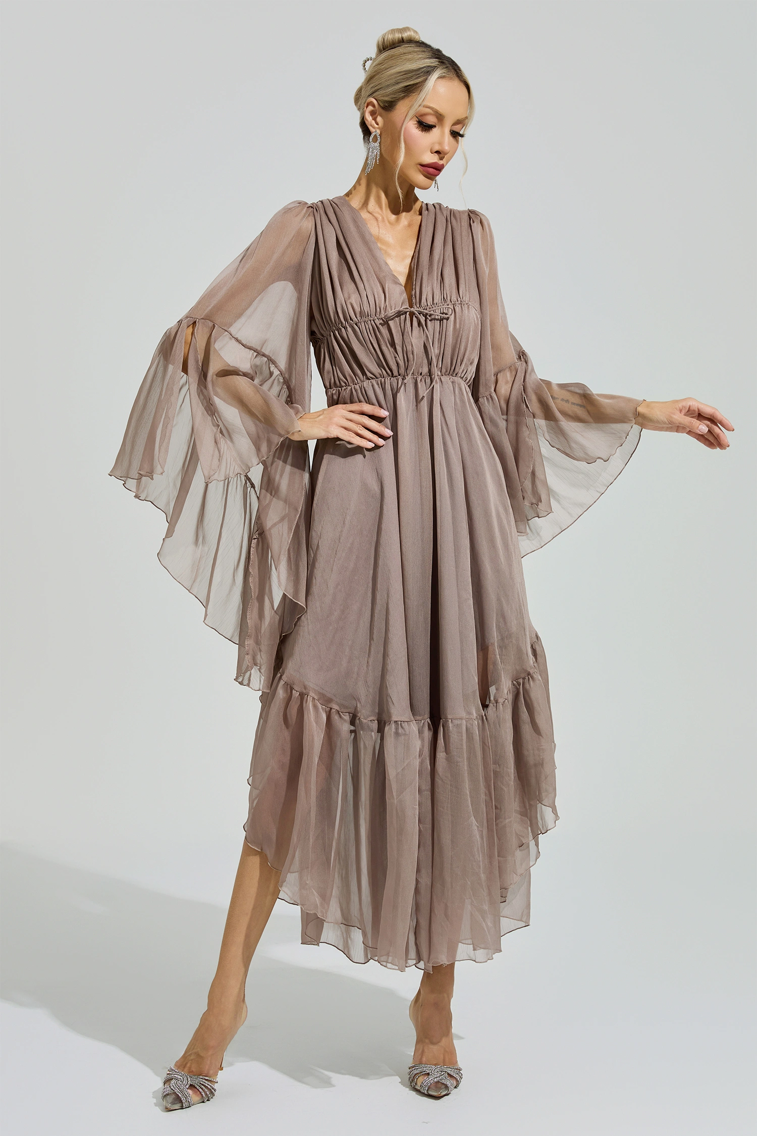 Friedan Brown Flounce Sleeve Dress