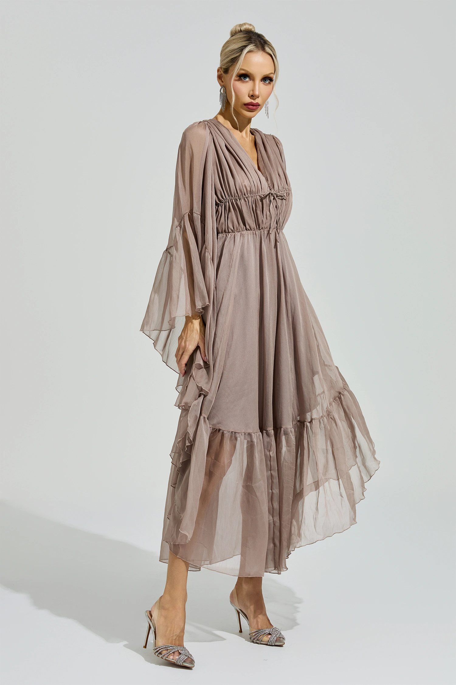 Friedan Brown Flounce Sleeve Dress