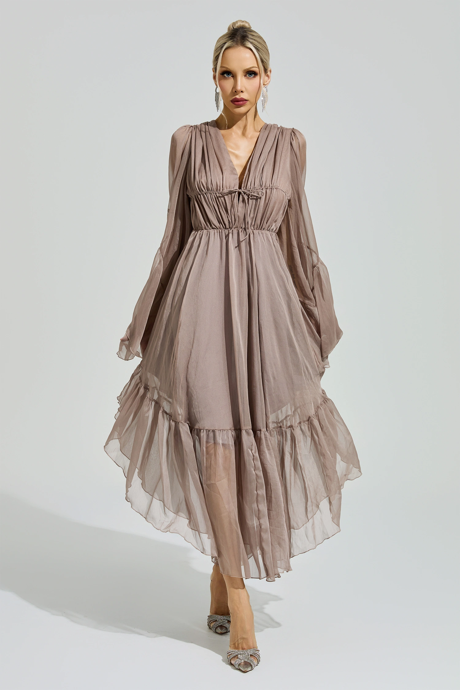 Friedan Brown Flounce Sleeve Dress