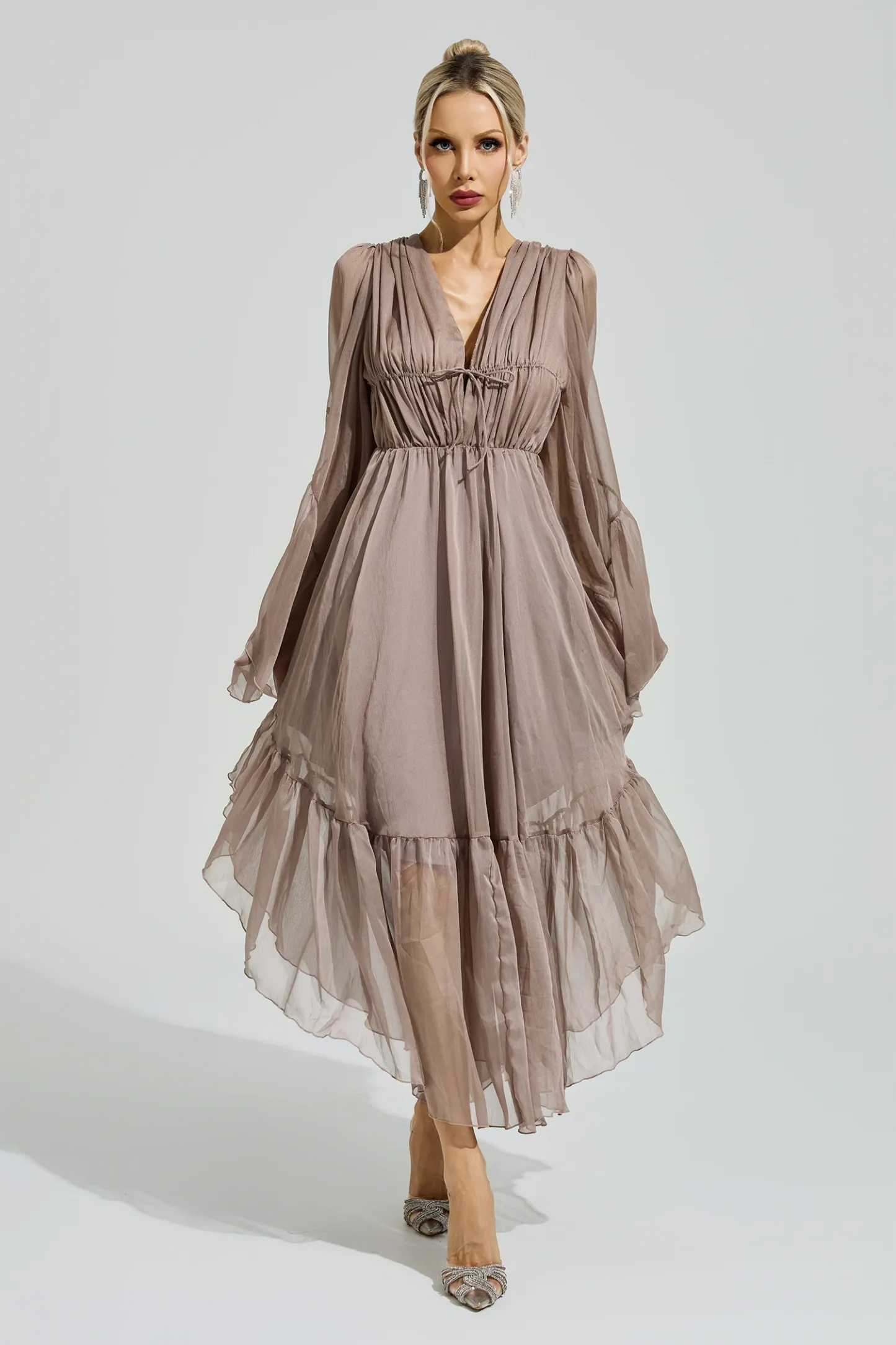 Friedan Brown Flounce Sleeve Dress