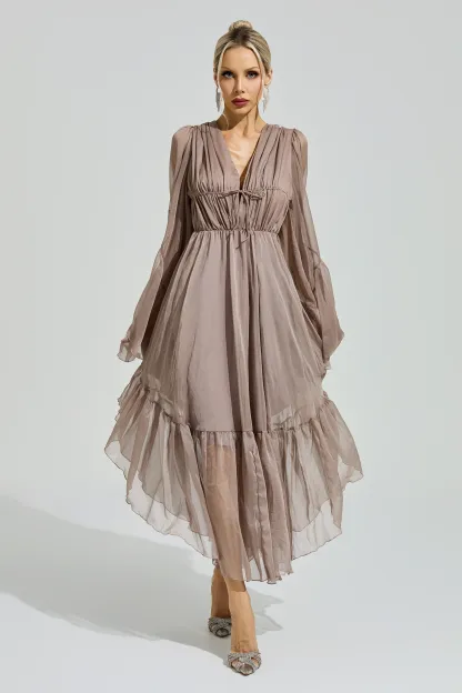 Friedan Brown Flounce Sleeve Dress