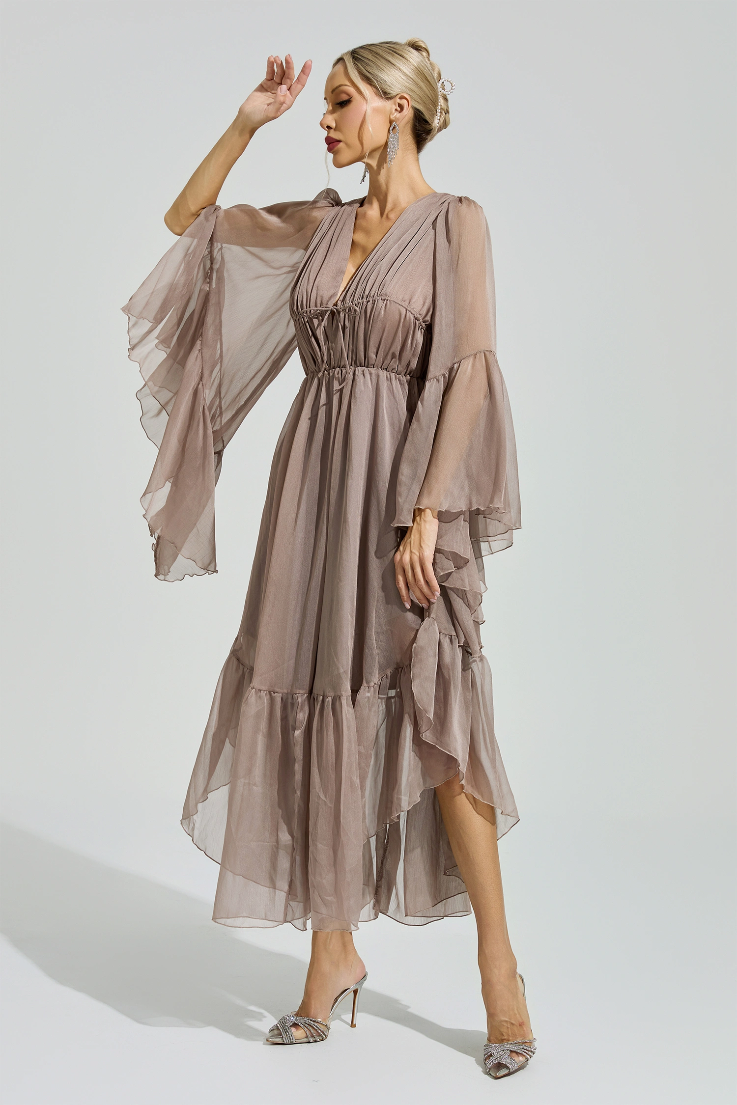 Friedan Brown Flounce Sleeve Dress