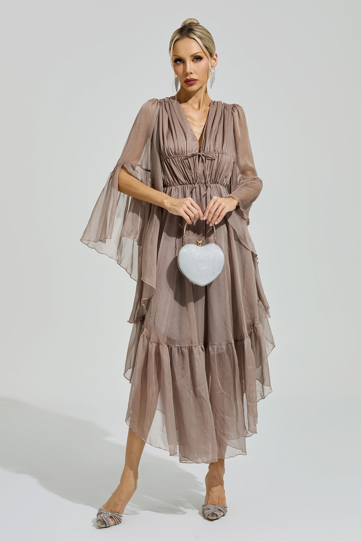 Friedan Brown Flounce Sleeve Dress