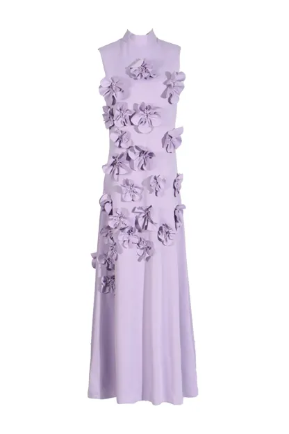 Whit Purple Rose Flower Maxi Dress