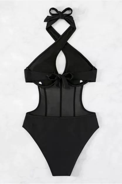 Sidney Black Halter Mesh One Piece Swimwear