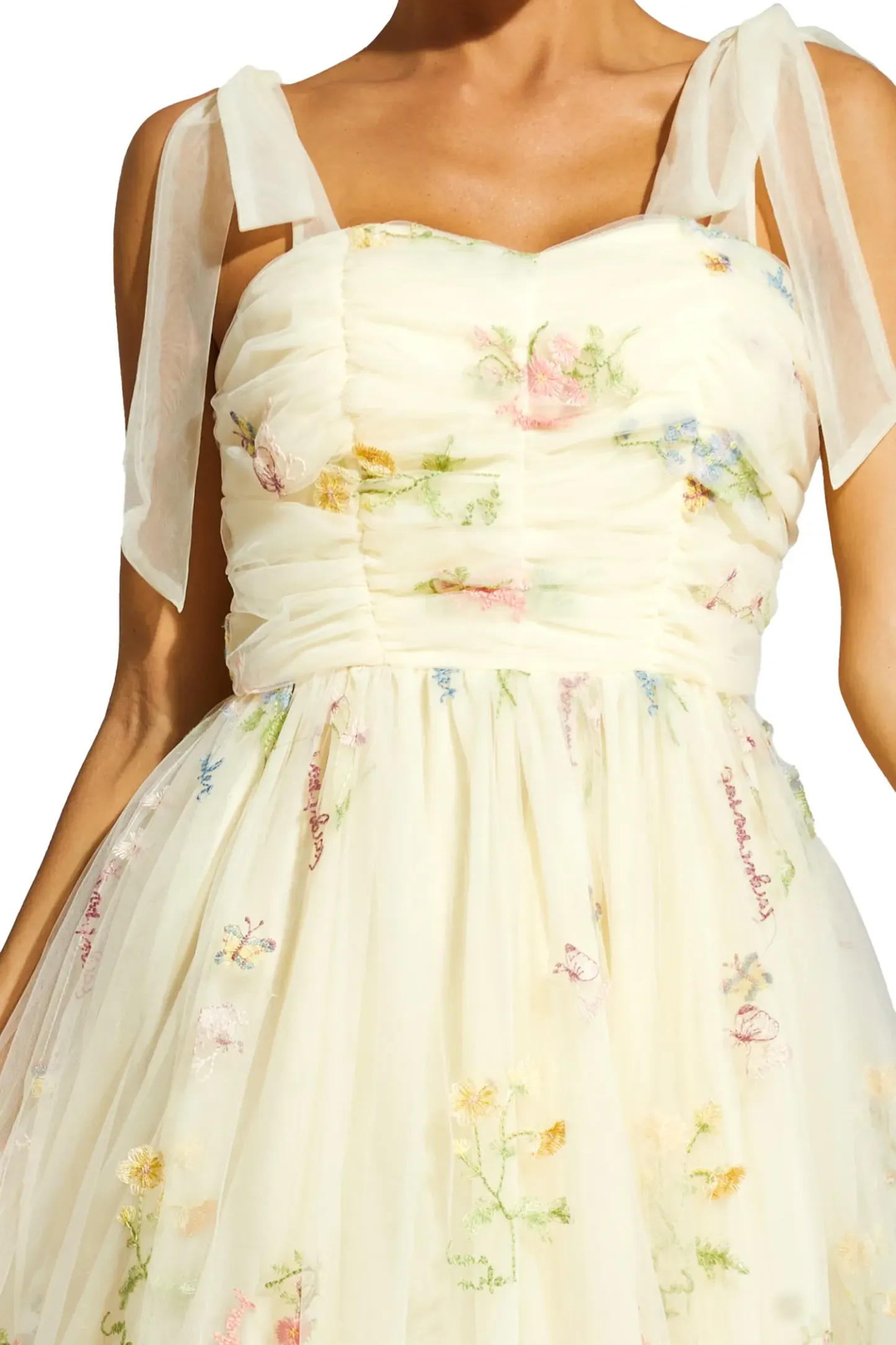 Chaucer Pale Yellow Flower Mesh Midi Dress