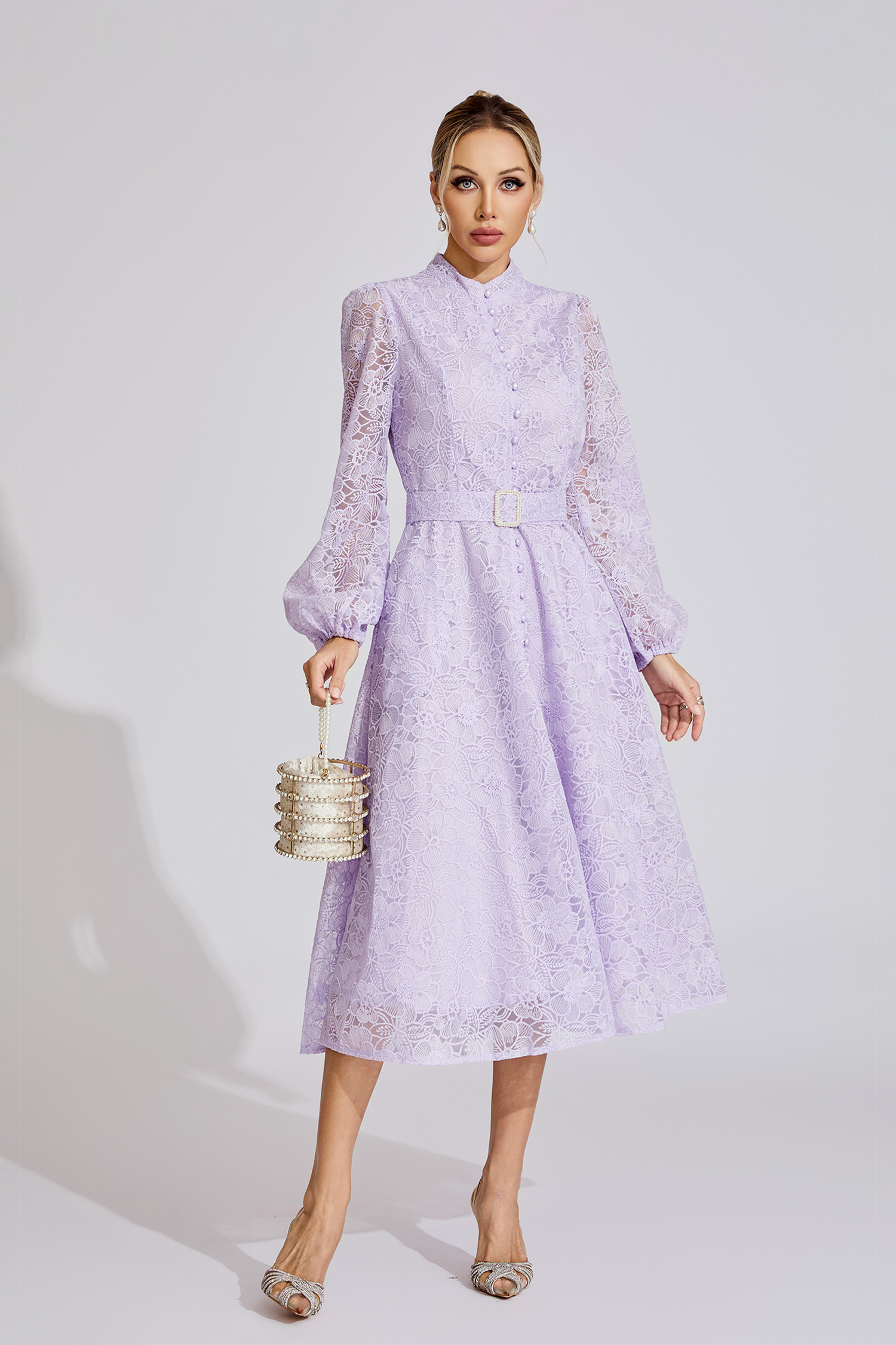 Claire Purple French Embroidered Lace Maxi Dress