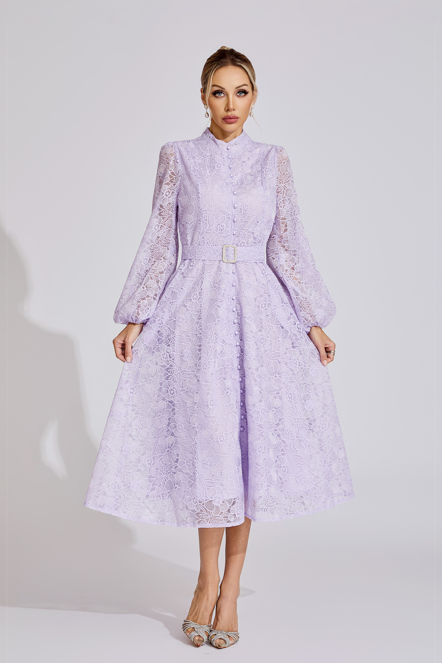 Claire Purple French Embroidered Lace Maxi Dress