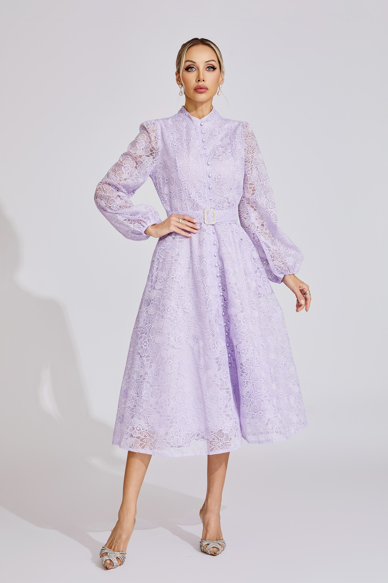 Claire Purple French Embroidered Lace Maxi Dress