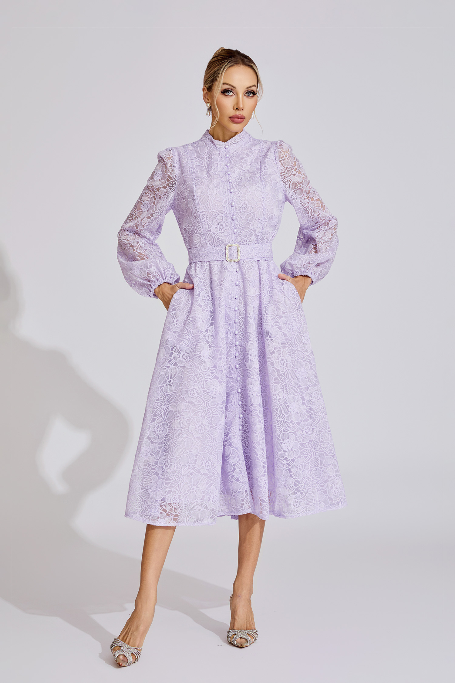 Claire Purple French Embroidered Lace Maxi Dress