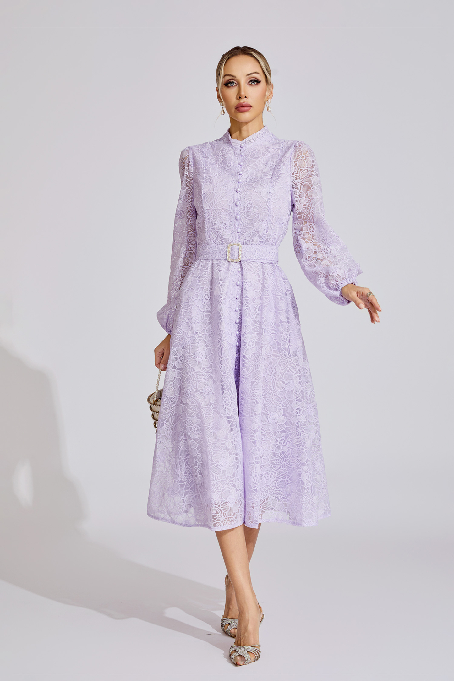 Claire Purple French Embroidered Lace Maxi Dress