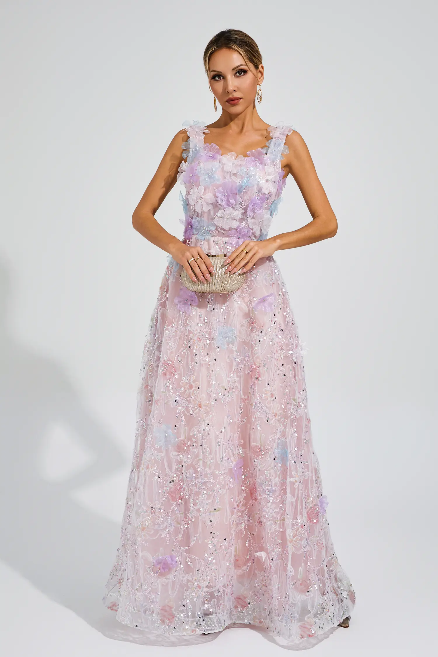 Peacock Pink Flower Sequin Maxi Dress