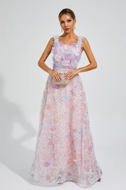 Peacock Pink Flower Sequin Maxi Dress