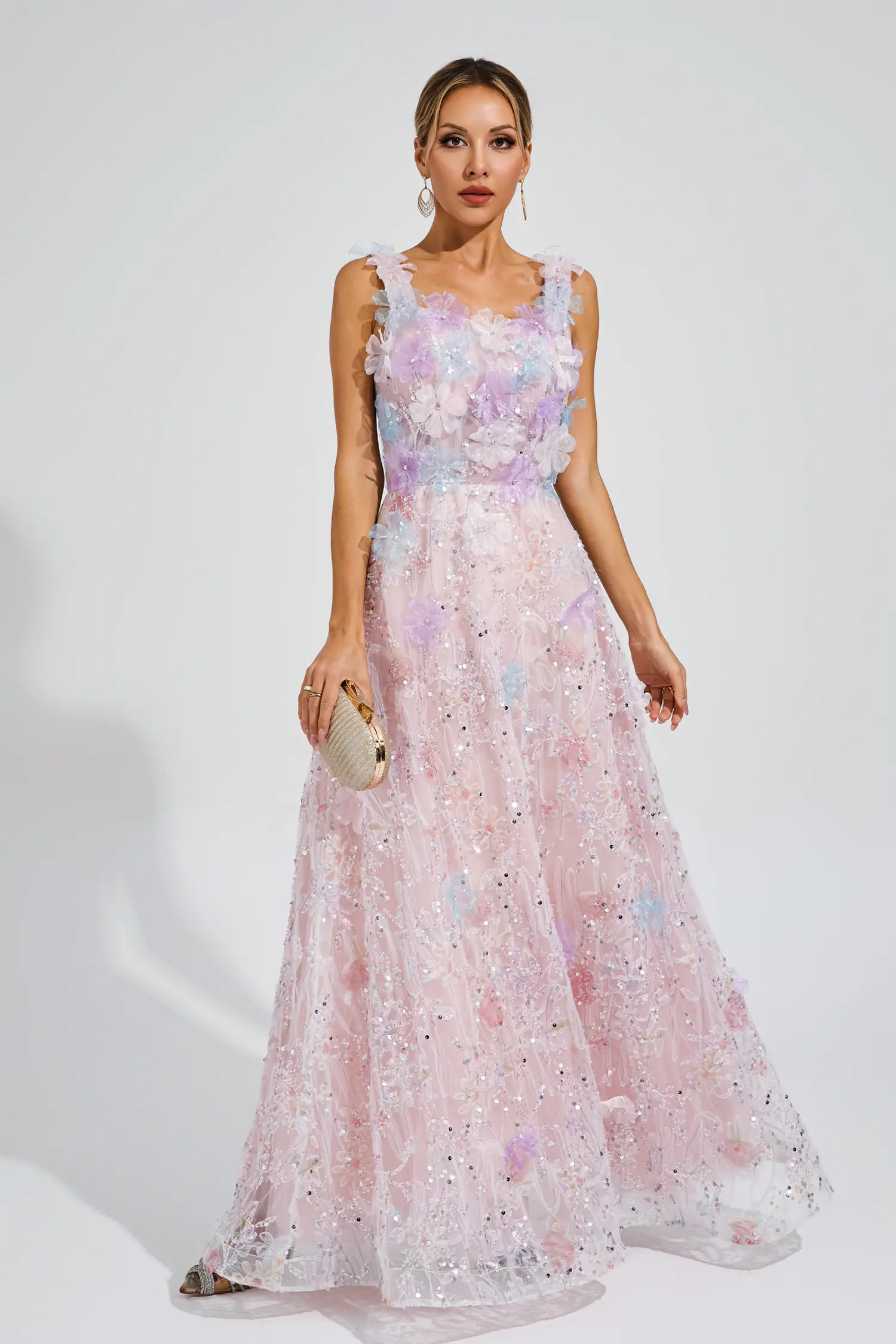 Peacock Pink Flower Sequin Maxi Dress