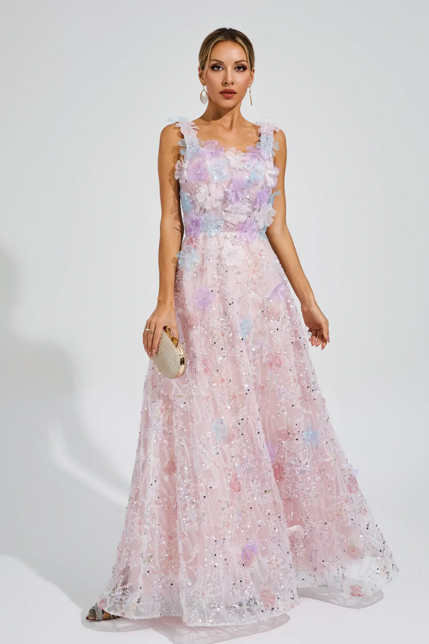 Peacock Pink Flower Sequin Maxi Dress
