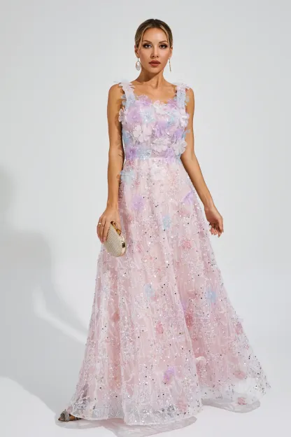 Peacock Pink Flower Sequin Maxi Dress