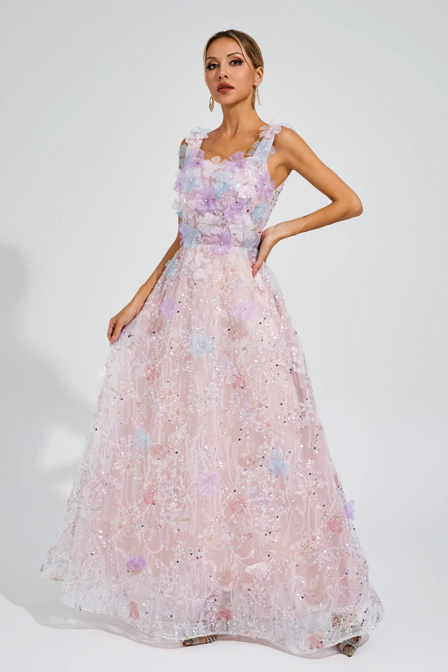 Peacock Pink Flower Sequin Maxi Dress