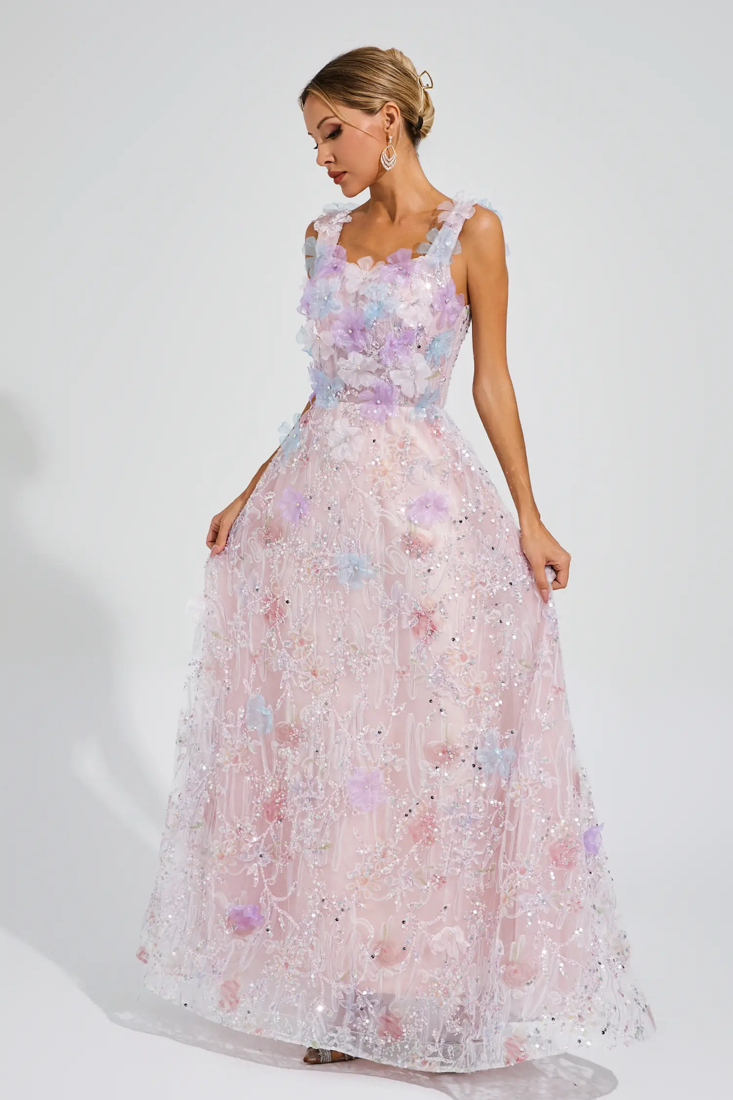 Peacock Pink Flower Sequin Maxi Dress