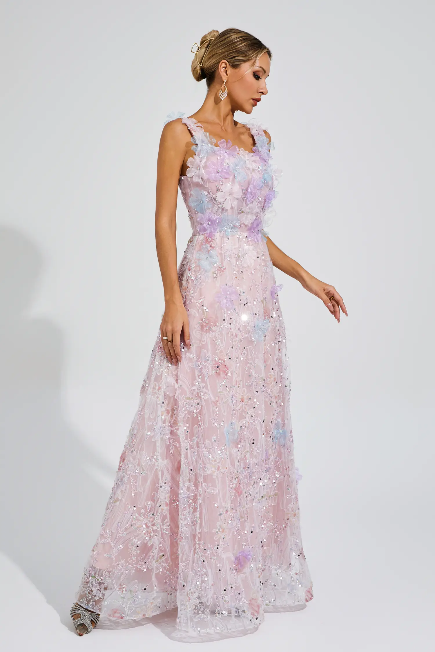 Peacock Pink Flower Sequin Maxi Dress