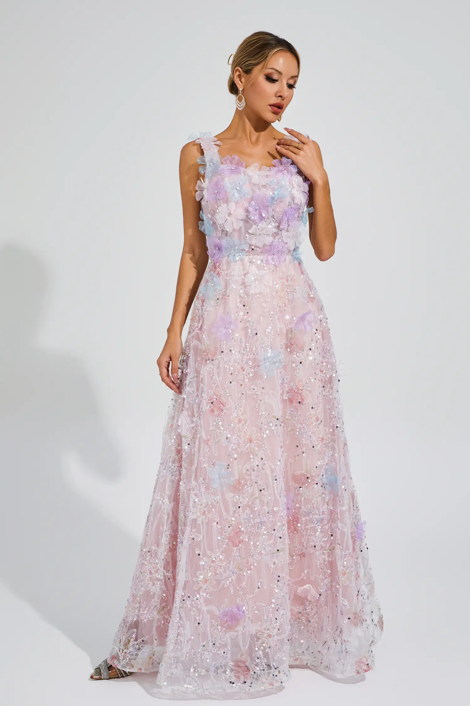 Peacock Pink Flower Sequin Maxi Dress