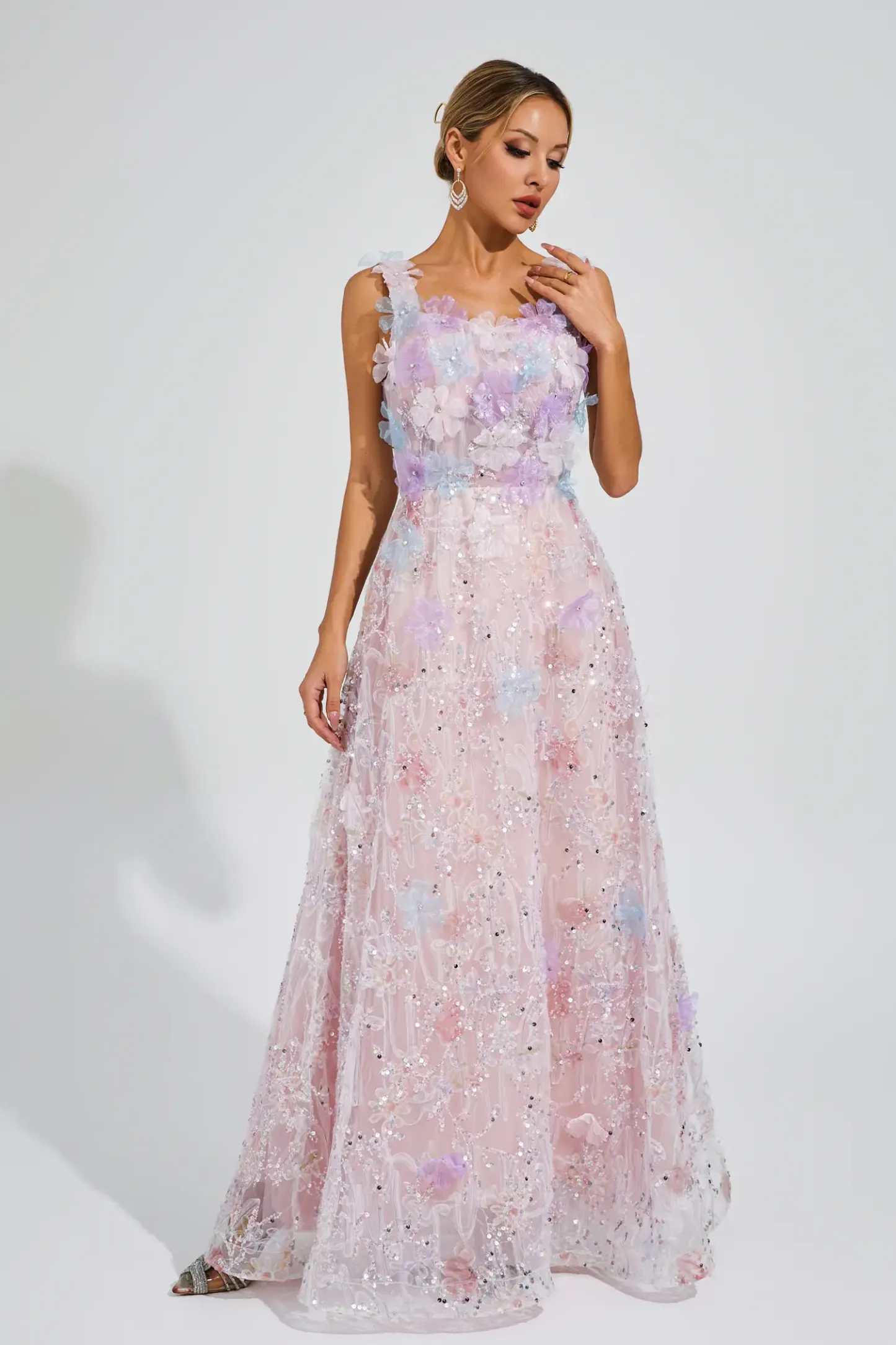 Peacock Pink Flower Sequin Maxi Dress