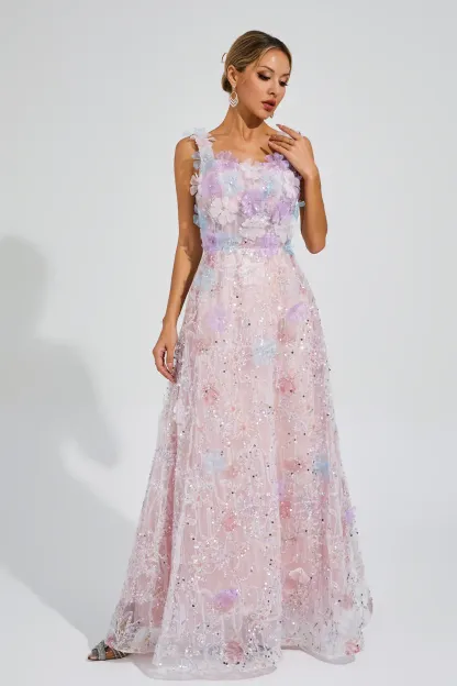Peacock Pink Flower Sequin Maxi Dress