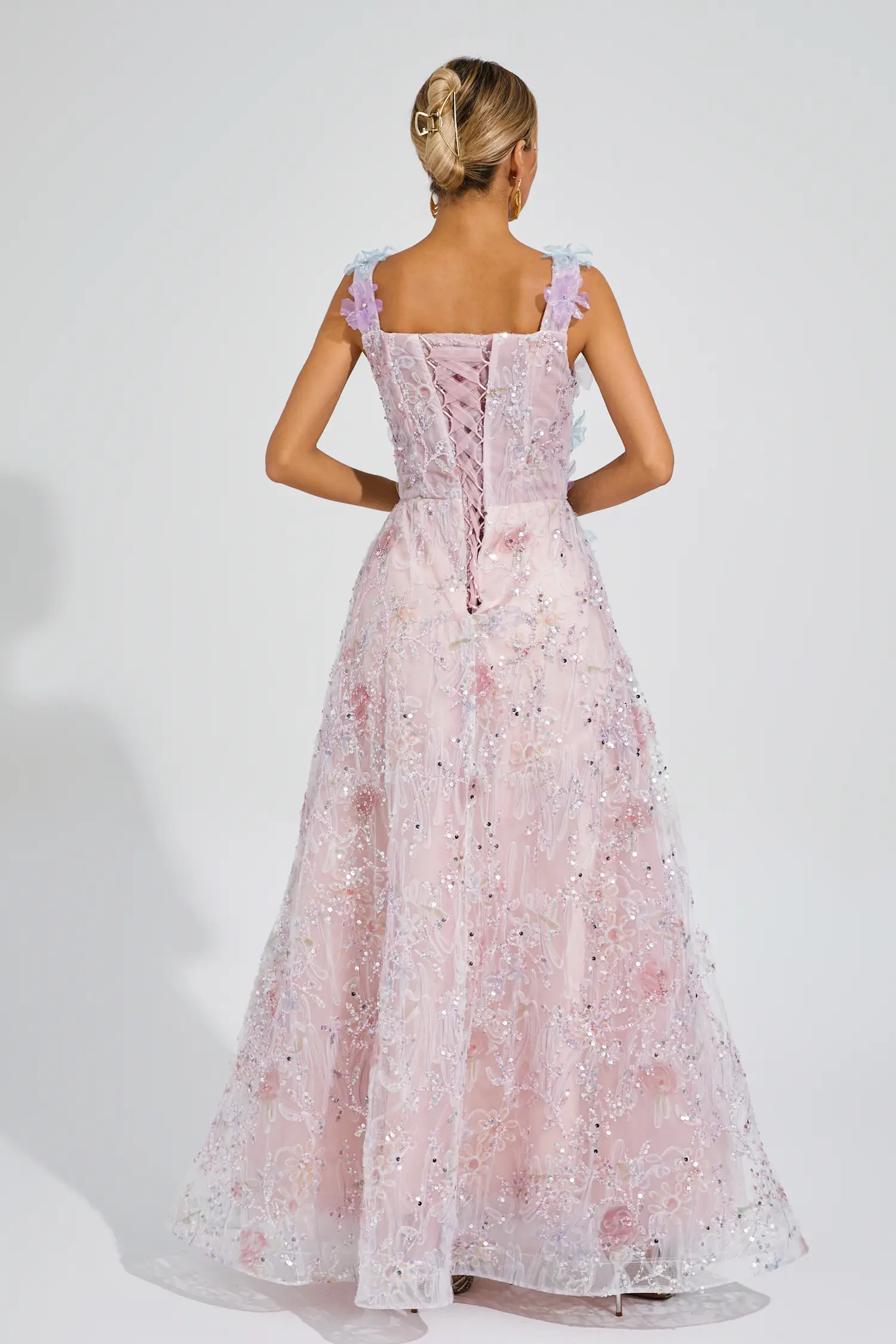 Peacock Pink Flower Sequin Maxi Dress
