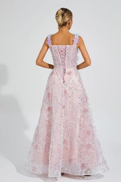 Peacock Pink Flower Sequin Maxi Dress