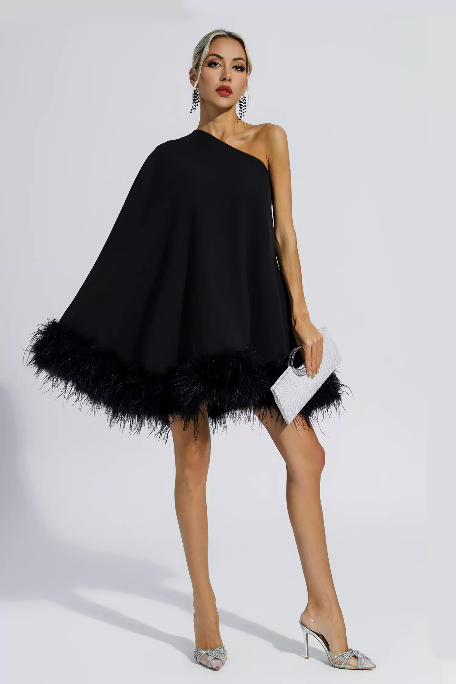 Crane Black Feather Trim One Shoulder Mini Dress