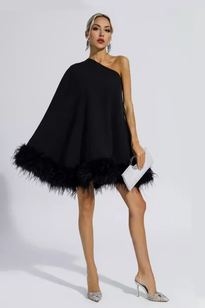 Crane Black Feather Trim One Shoulder Mini Dress