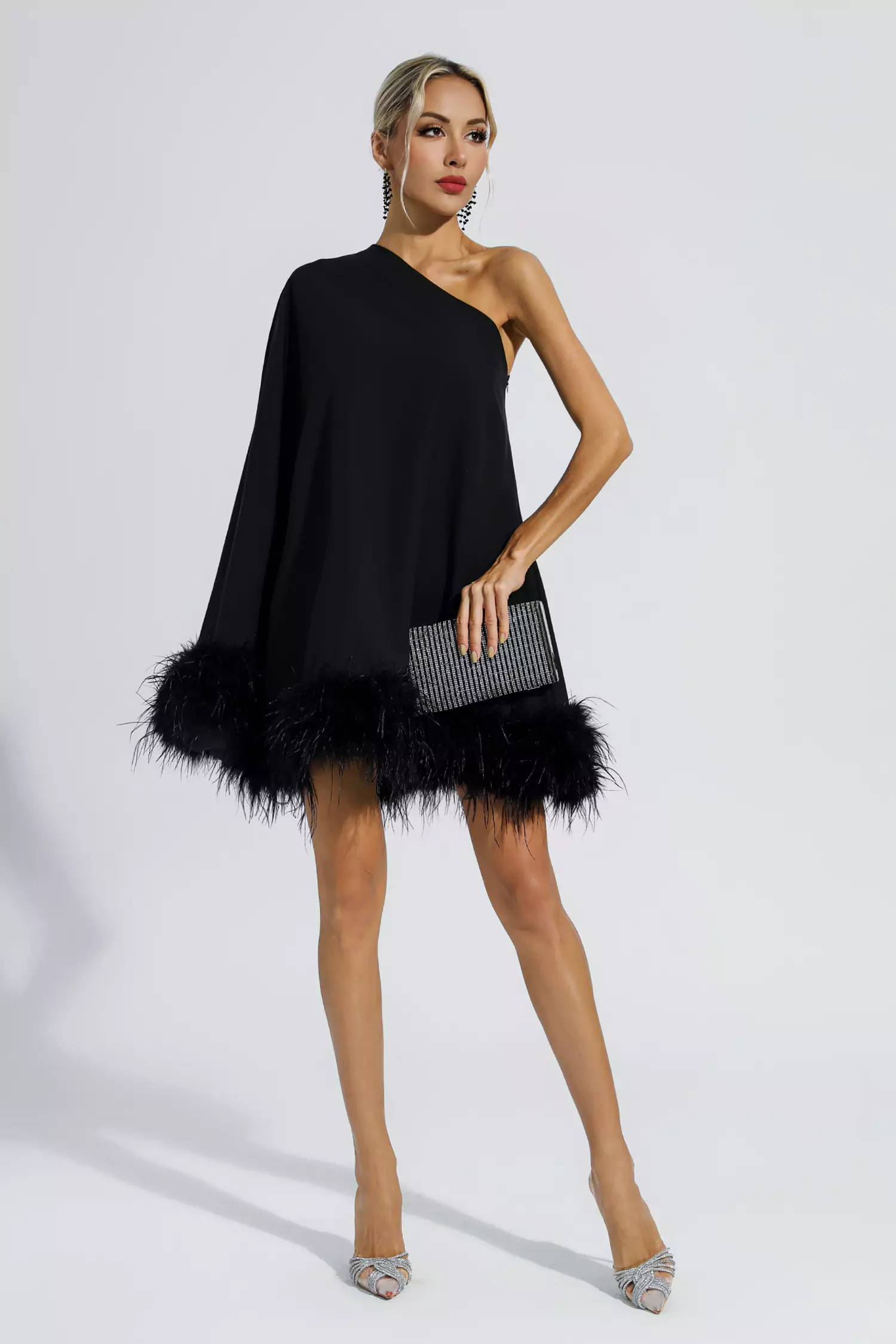 Crane Black Feather Trim One Shoulder Mini Dress