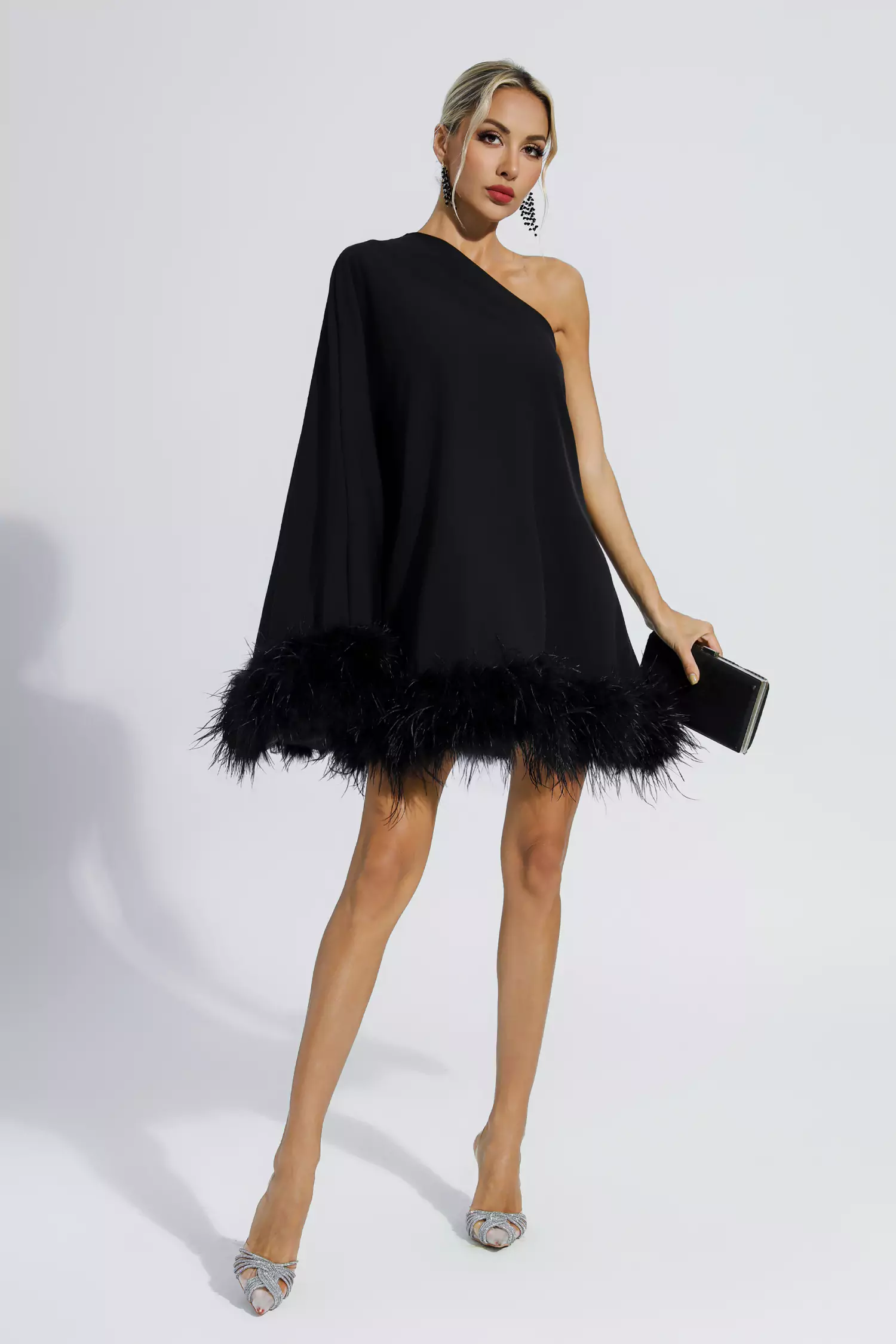 Crane Black Feather Trim One Shoulder Mini Dress