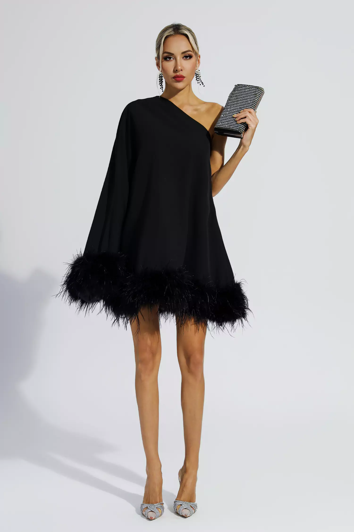 Crane Black Feather Trim One Shoulder Mini Dress