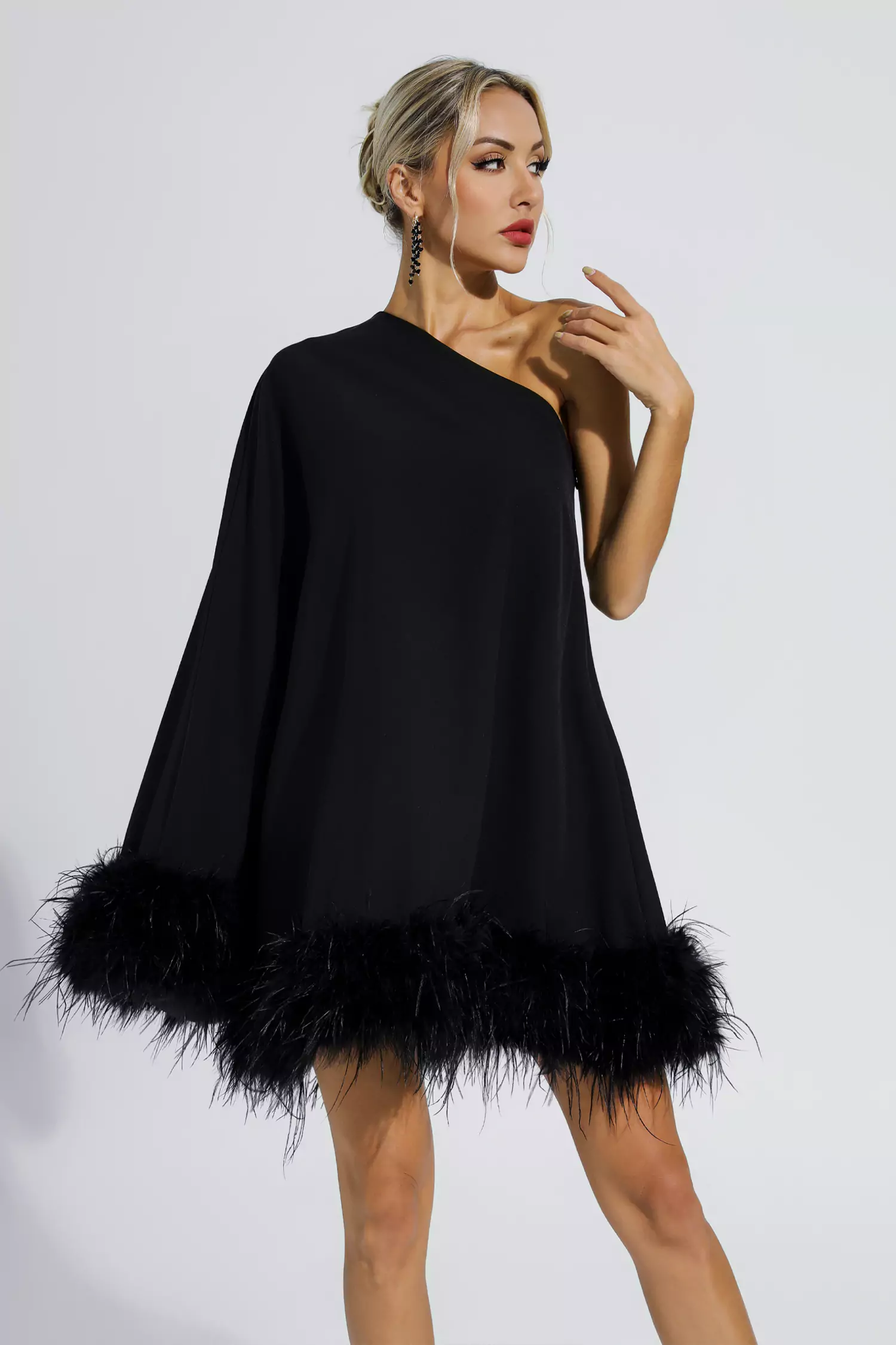 Crane Black Feather Trim One Shoulder Mini Dress