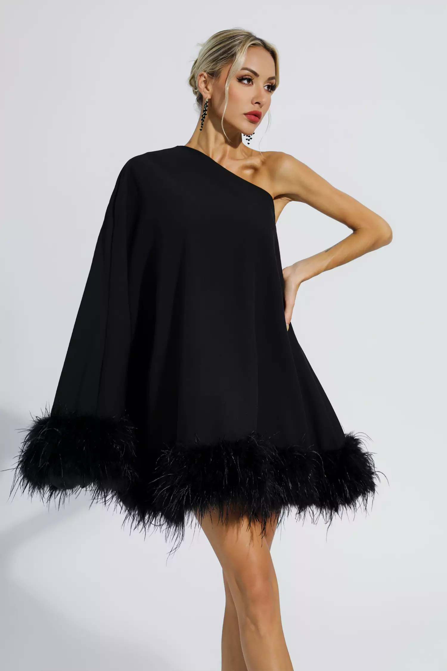 Crane Black Feather Trim One Shoulder Mini Dress