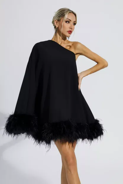 Crane Black Feather Trim One Shoulder Mini Dress