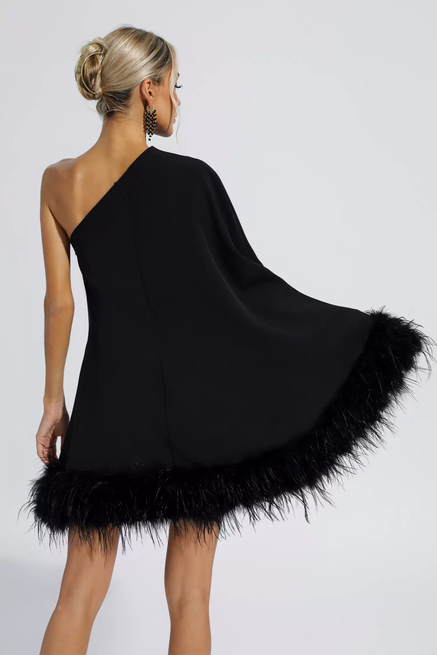 Crane Black Feather Trim One Shoulder Mini Dress