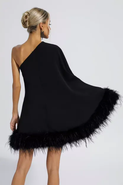 Crane Black Feather Trim One Shoulder Mini Dress