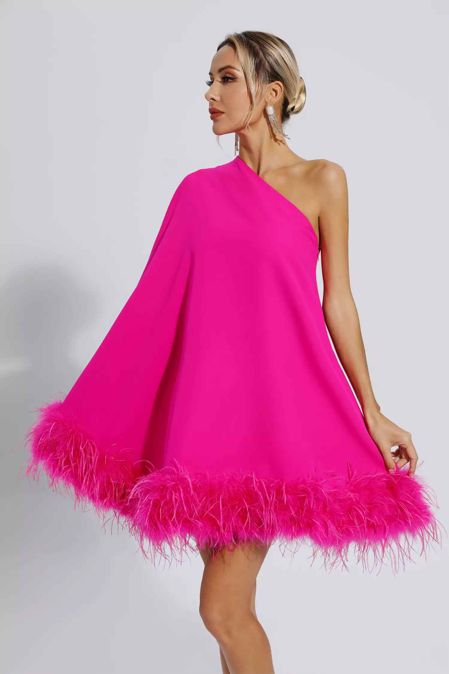 Crane Pink Feather Trim One Shoulder Mini Dress
