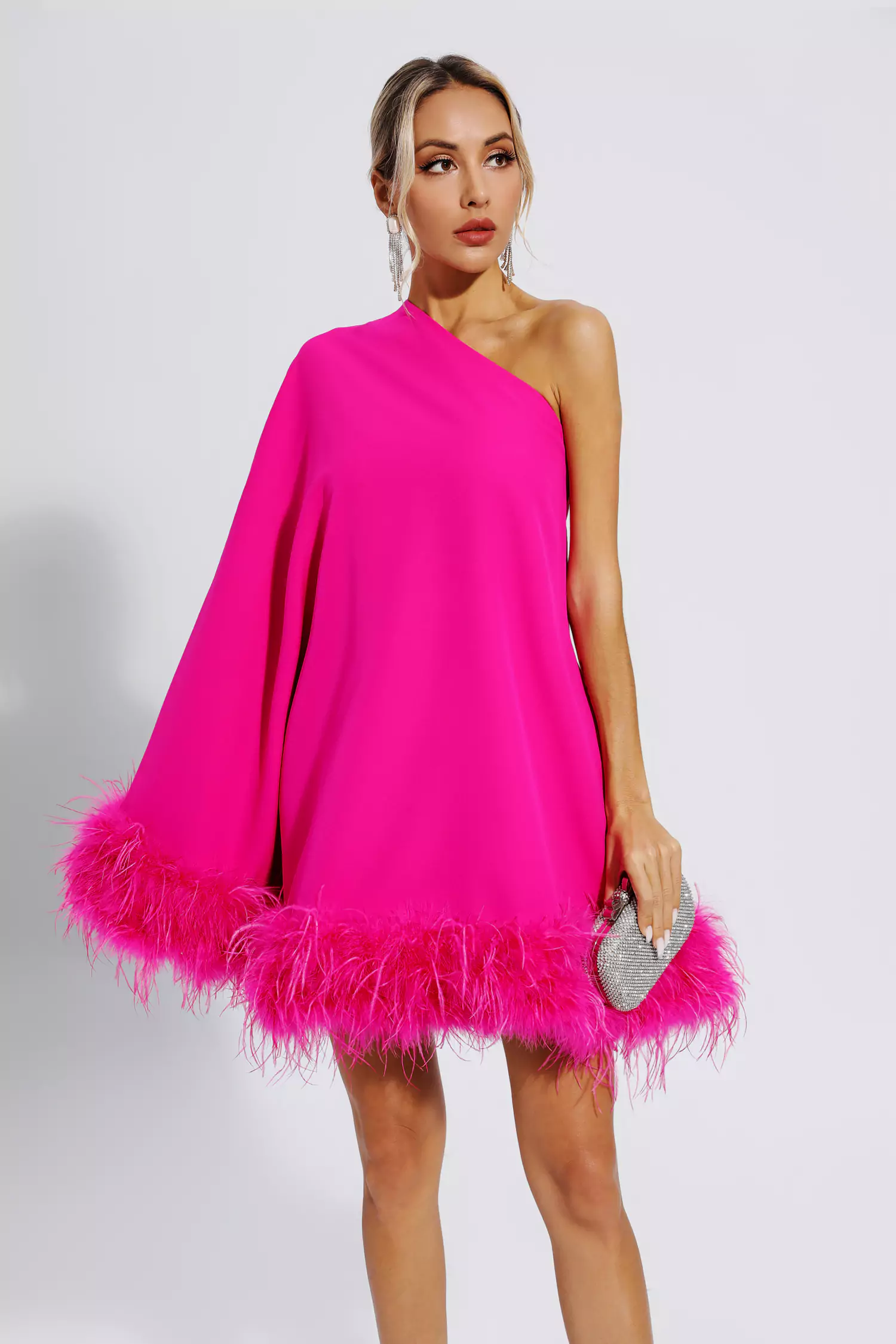 Crane Pink Feather Trim One Shoulder Mini Dress
