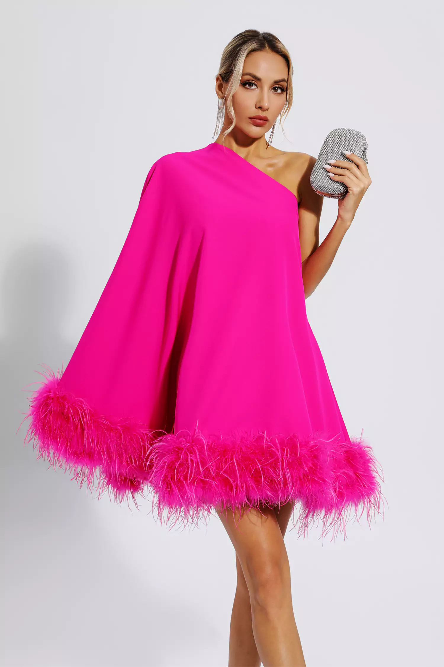 Crane Pink Feather Trim One Shoulder Mini Dress